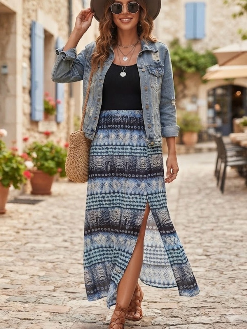 Maurices Blue Patterned Maxi Skirt Side Slits Boho Cottagecore Breezy Bold Chic